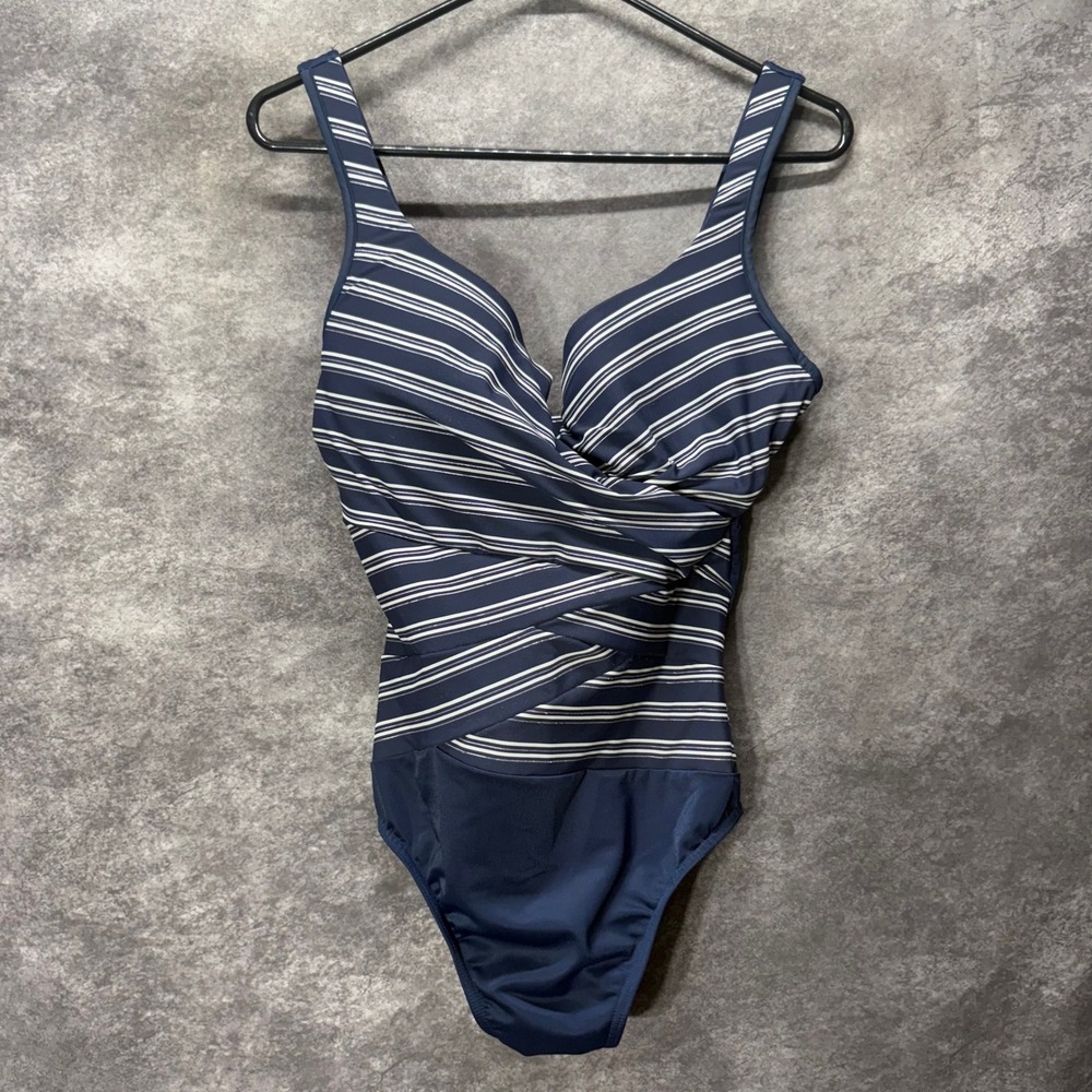 Miraclesuit Belmont Stripe Escape One Piece Swimsuit Size 14 Navy Slimming